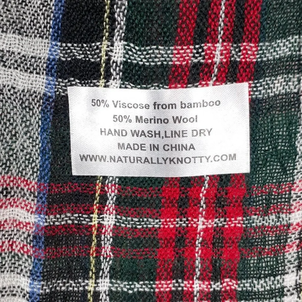 Naturally Knotty Red Black White & Blue Tartan Plaid Scarf Shawl Coverup
